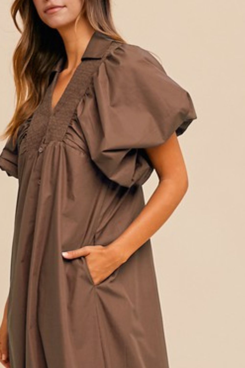 Smocked Puff Sleeve Midi Dress with Dramatic Voluminous Sleeves
