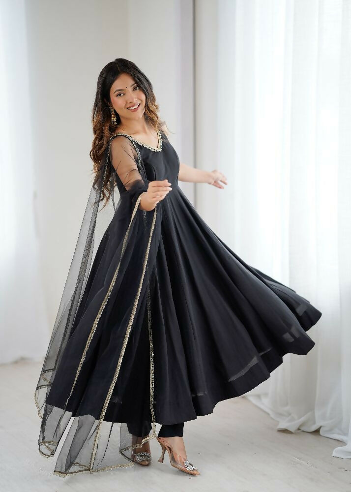 Elegant black Chanderi kurta set with sequence embroidery and net dupatta