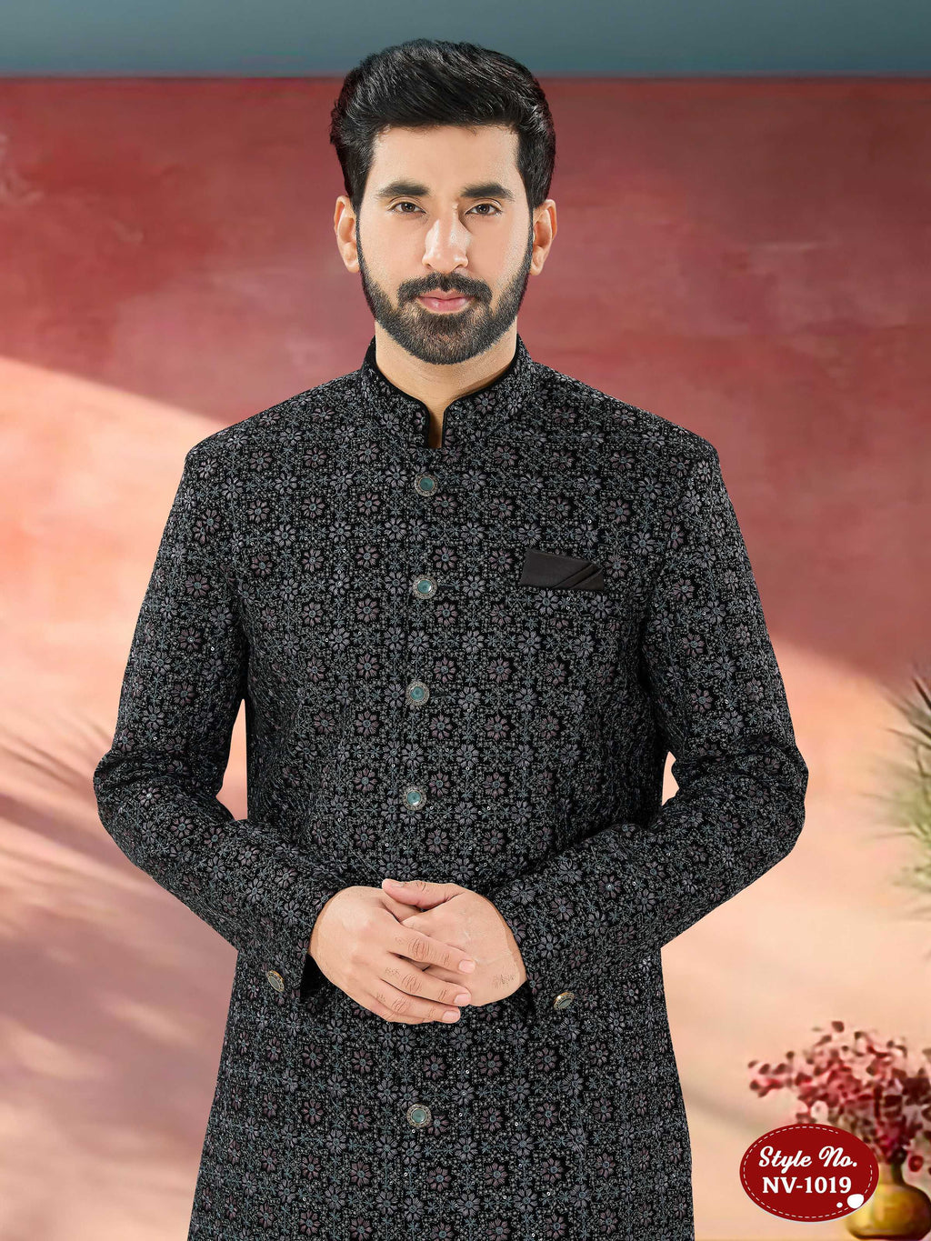 Men's Blue Velvet Indo-Western Kurta Set with Sequence Embroidery