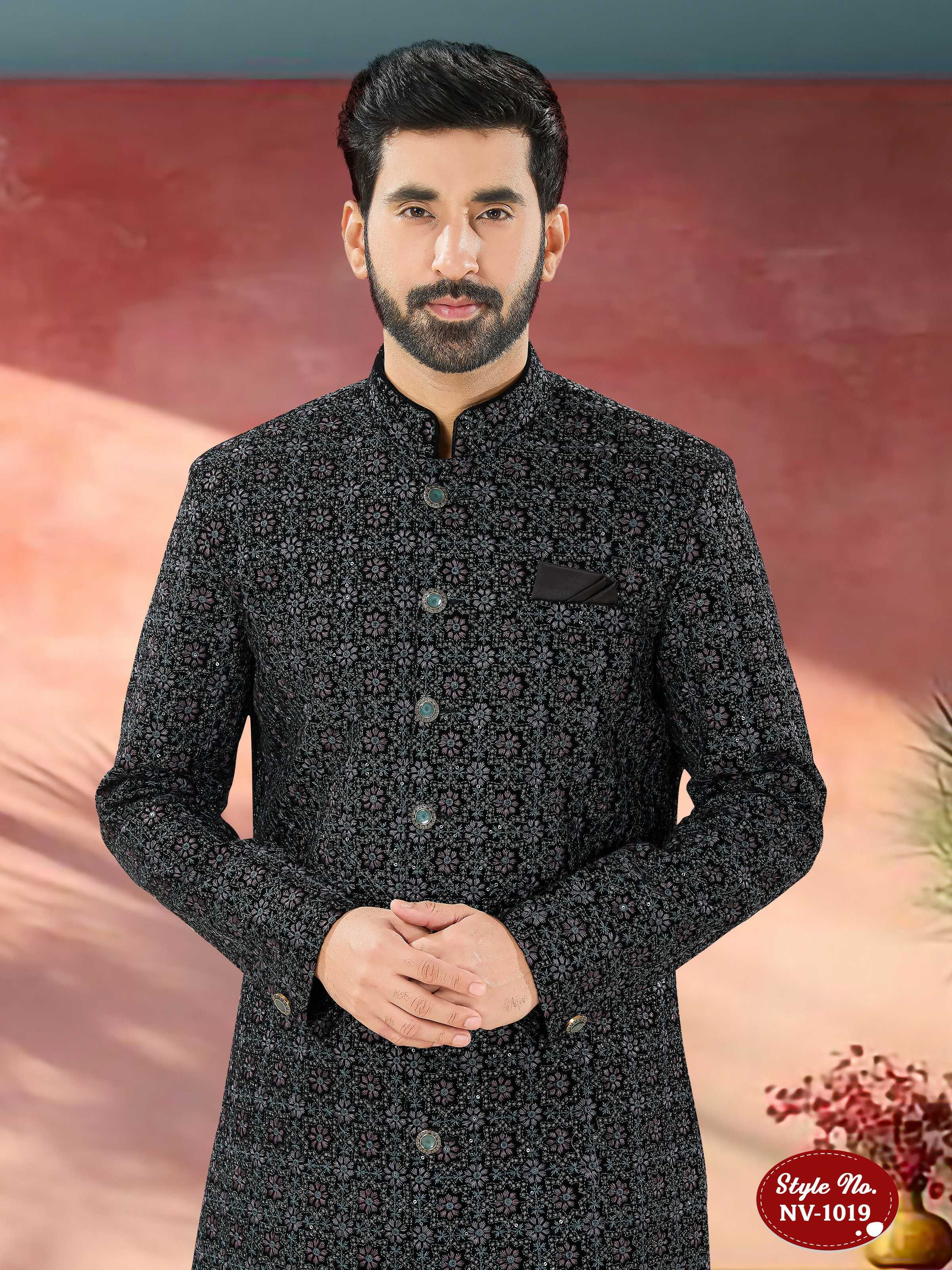Men's Blue Velvet Indo-Western Kurta Set with Sequence Embroidery