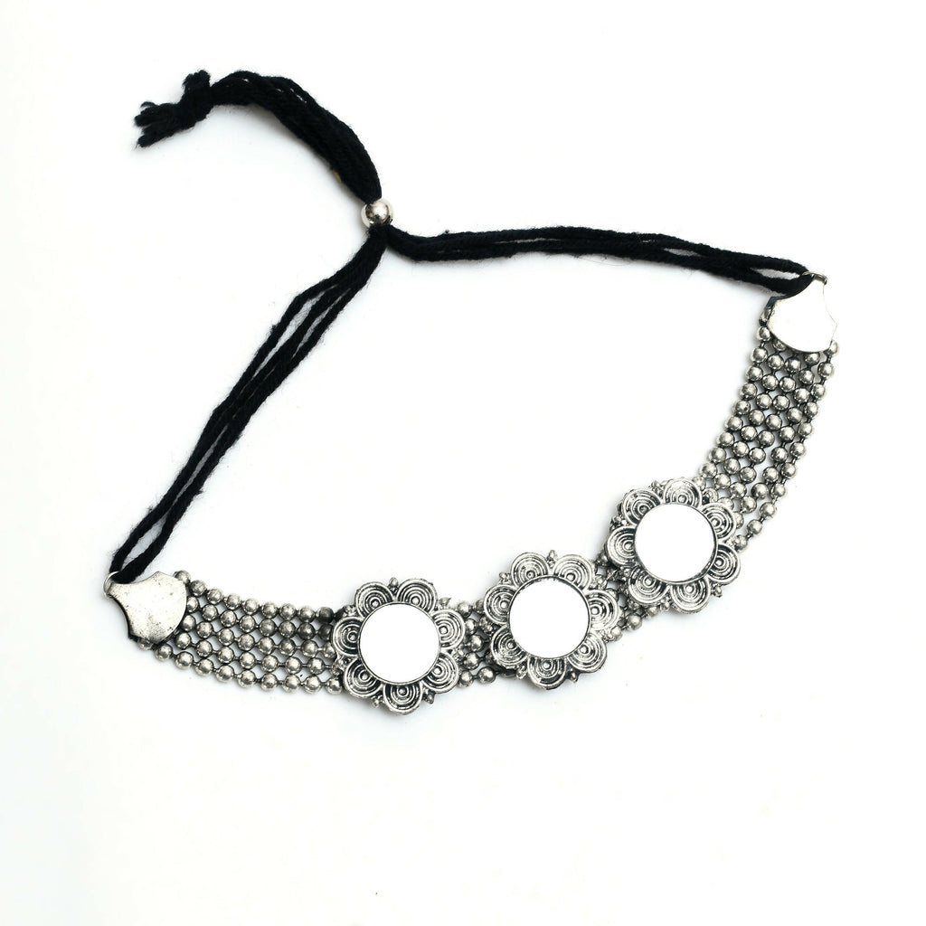Oxidised Silver-Plated Mirror Work Choker Necklace Set