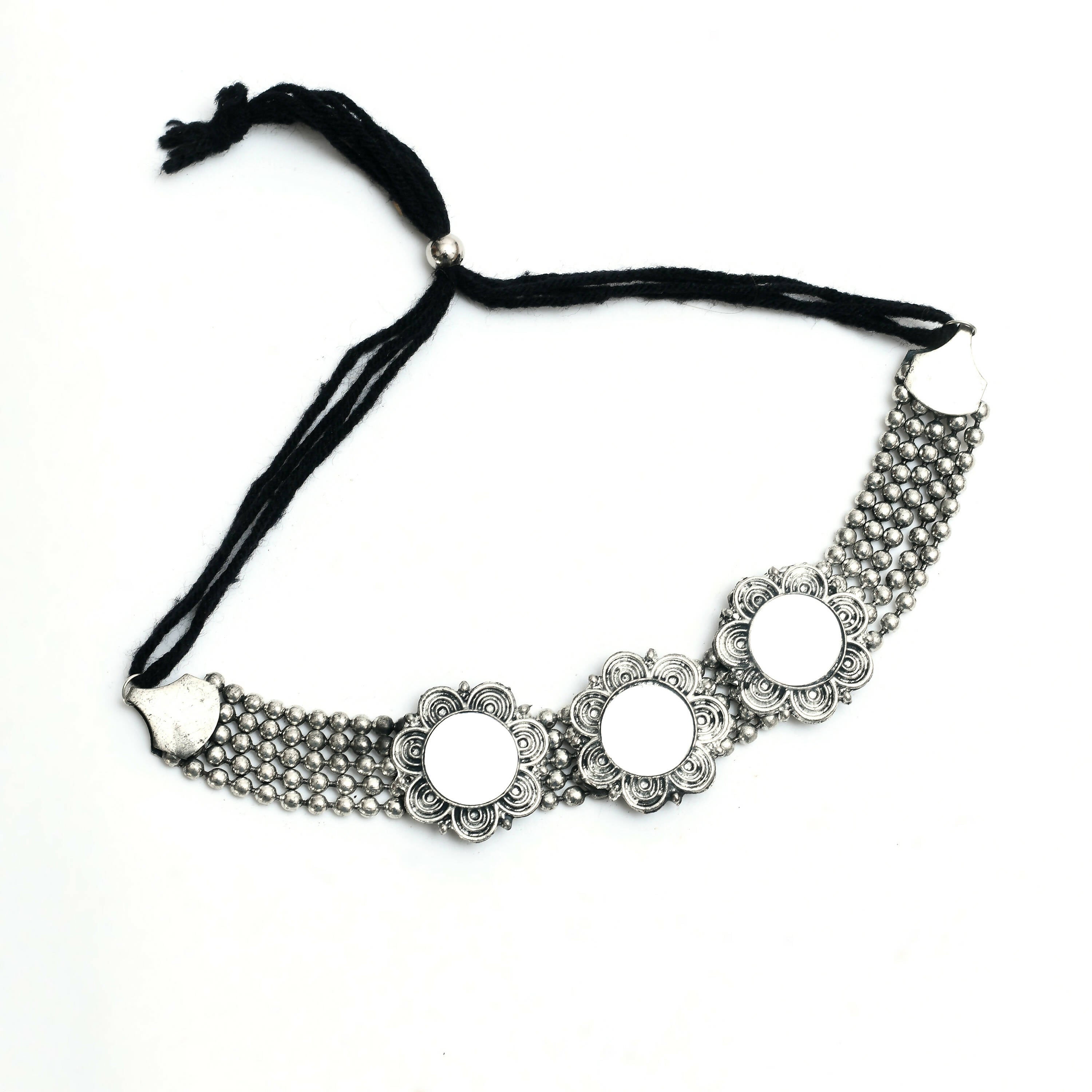 Oxidised Silver-Plated Mirror Work Choker Necklace Set