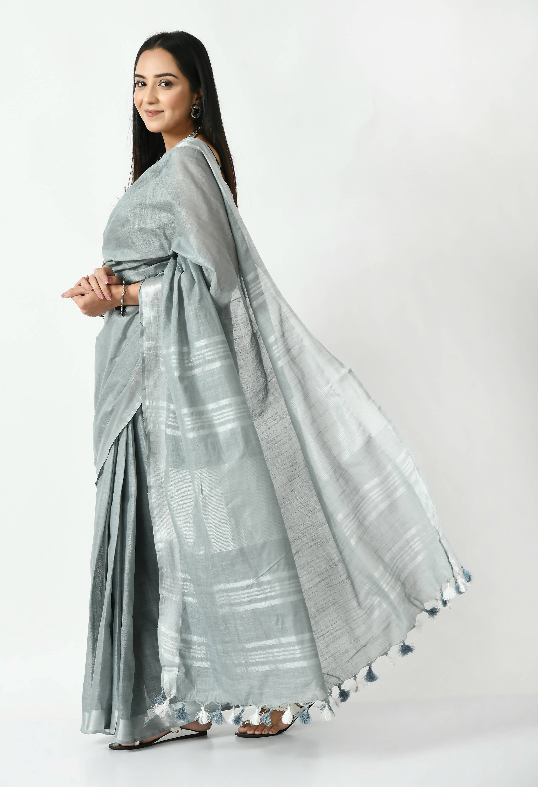 Gray Bhagalpuri Handloom Silk Linen Saree with Unstitched Blouse