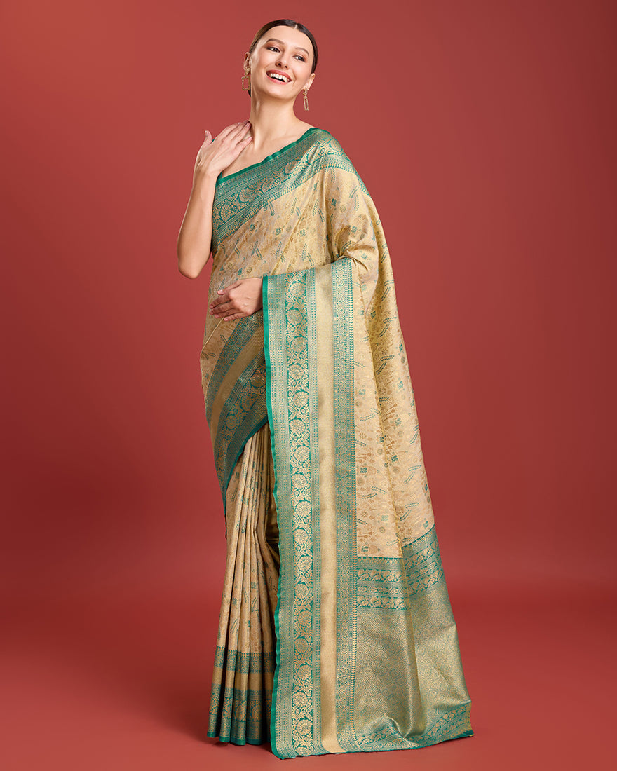 Beige Zari Woven Banarasi Tissue Silk Saree for Wedding Elegance