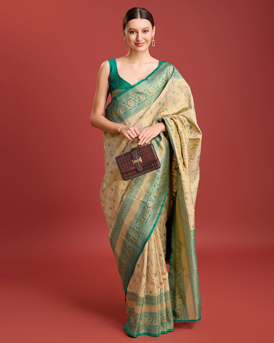 Beige Zari Woven Banarasi Tissue Silk Saree for Wedding Elegance