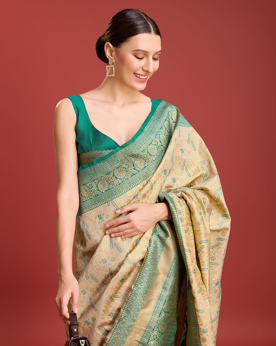 Beige Zari Woven Banarasi Tissue Silk Saree for Wedding Elegance