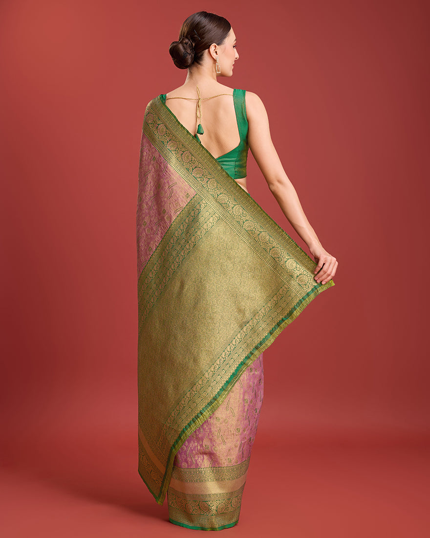 Rose Pink Zari Woven Banarasi Tissue Silk Saree for Events