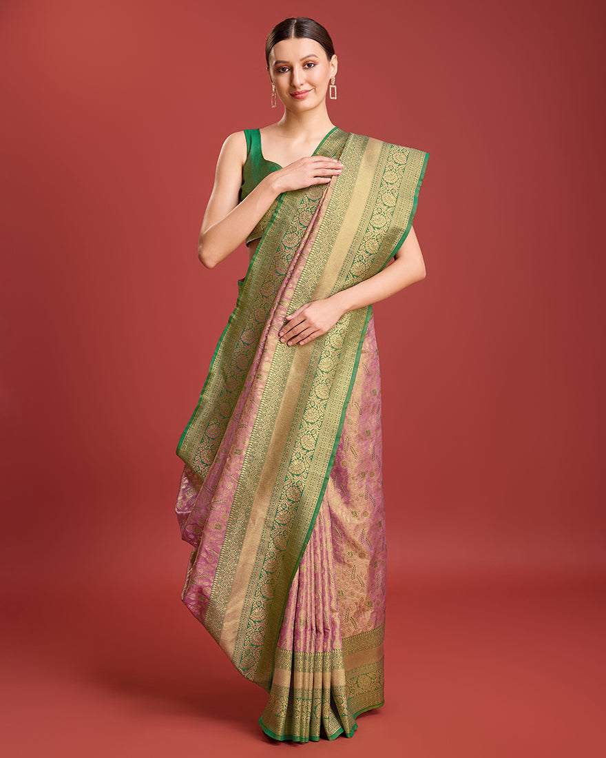 Rose Pink Zari Woven Banarasi Tissue Silk Saree for Events