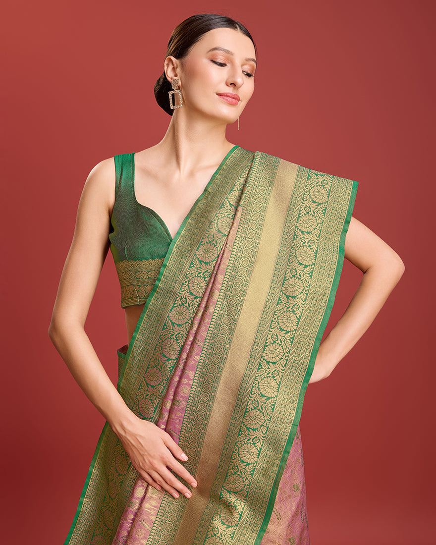 Rose Pink Zari Woven Banarasi Tissue Silk Saree for Events