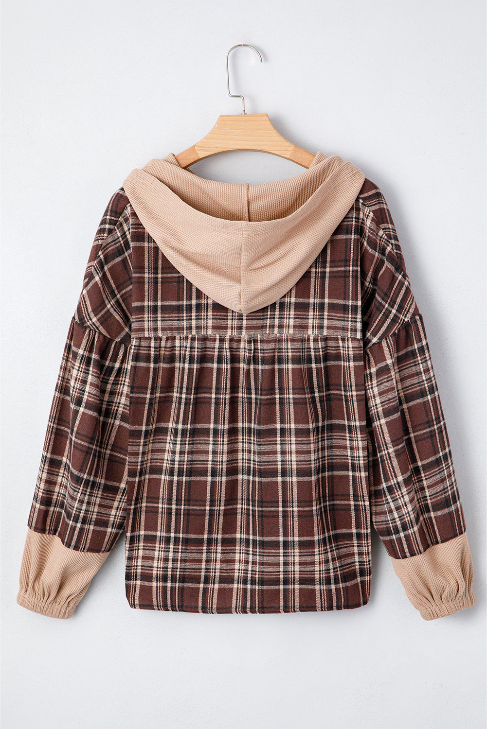Women's Brown Plaid Patchwork Long Sleeve Hooded Top