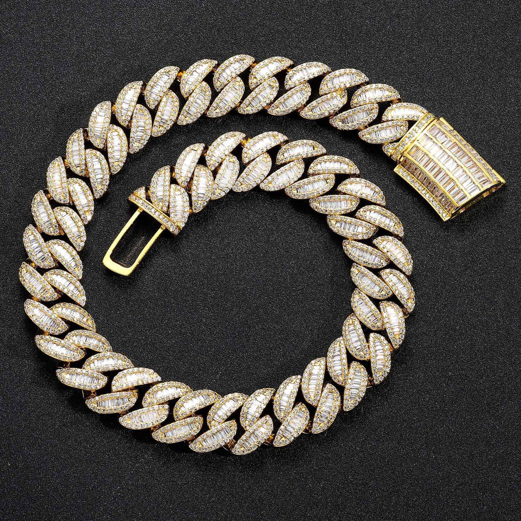 Close up of a 20mm wide diamond-encrusted square zircon Cuban link necklace in gold