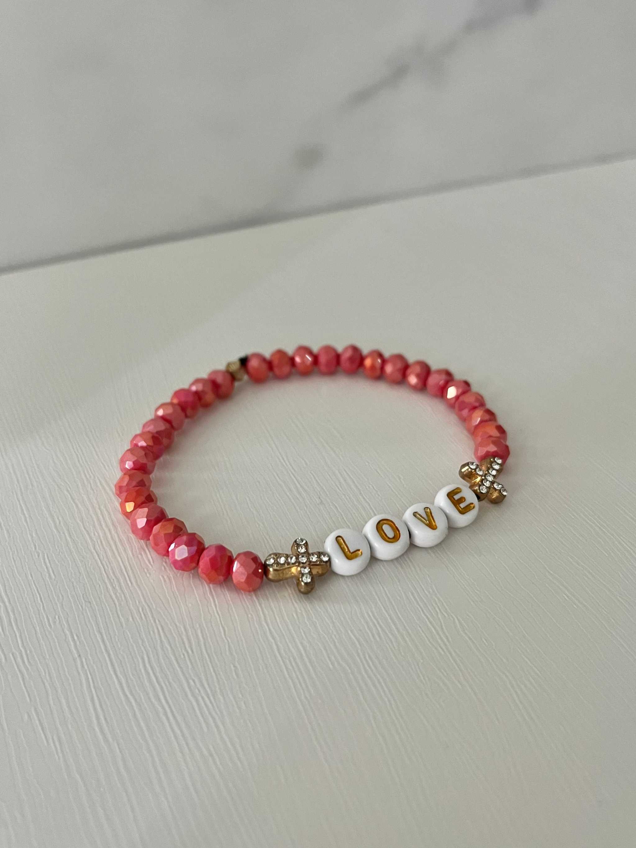 Red Glass Bead Bracelet with Gold Cross Charms