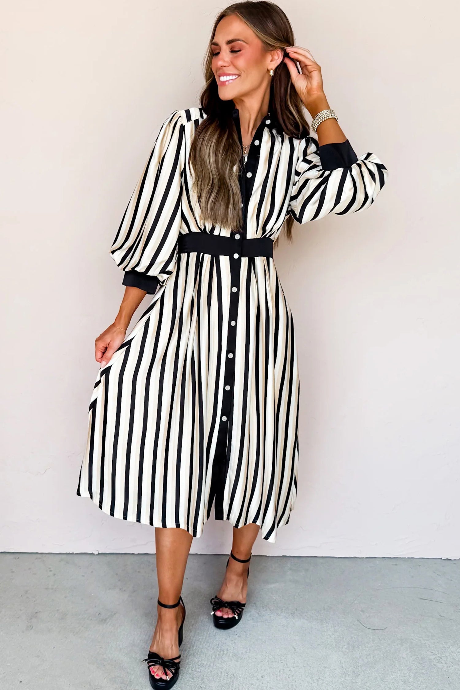 Black Stripe 3/4 Puff Sleeve Button Down Midi Dress