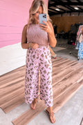 Beige Drawstring Leopard Print Patch Pocket Loose Pants