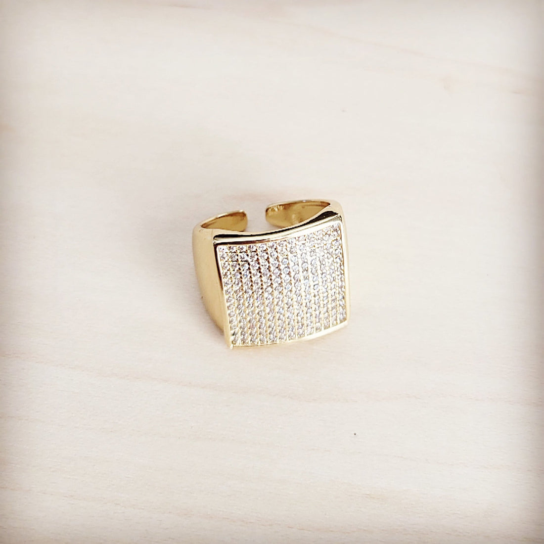 Gold-Tone Square Pave Crystal Statement Ring Adjustable Band - Image 2