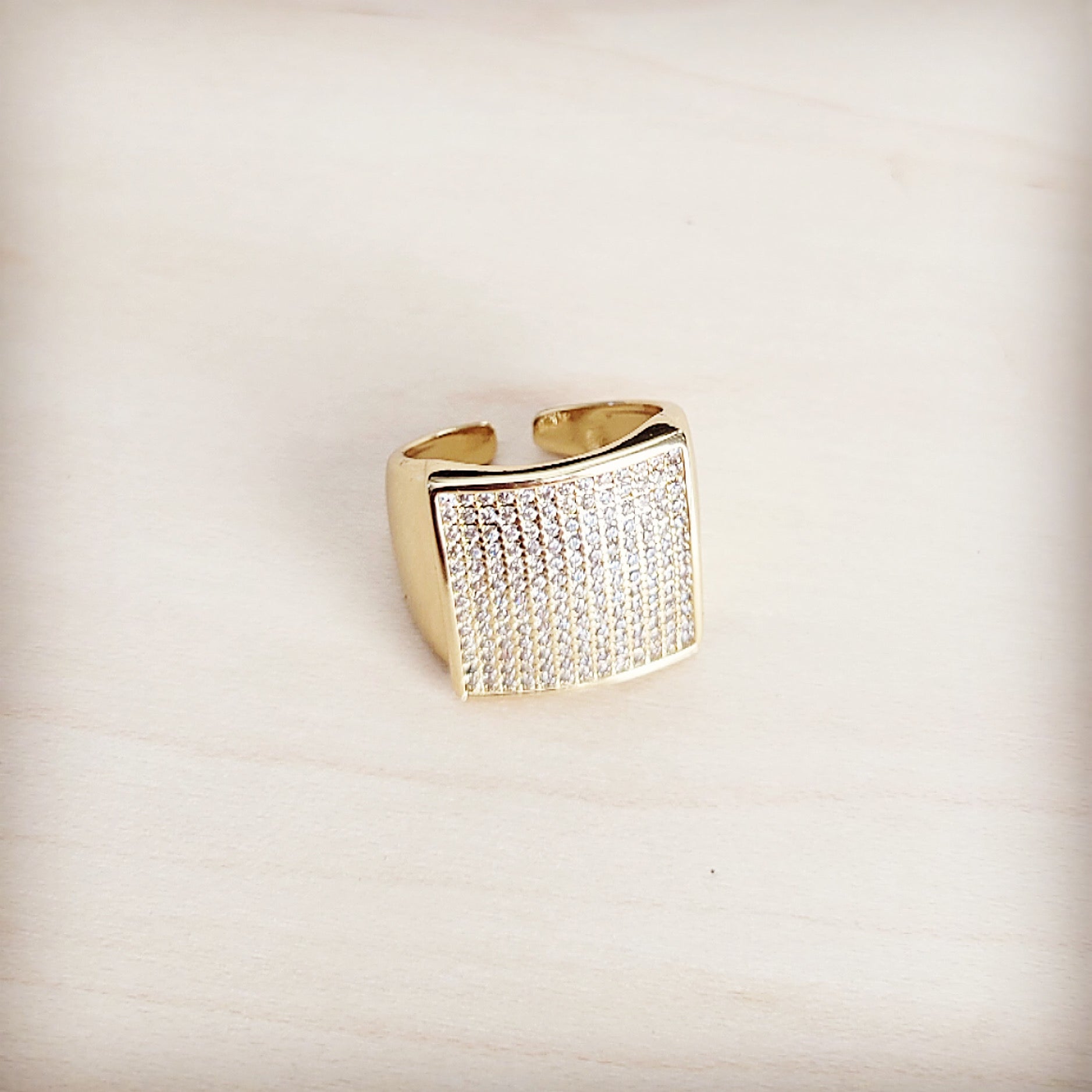 Gold-Tone Square Pave Crystal Statement Ring Adjustable Band - Image 2