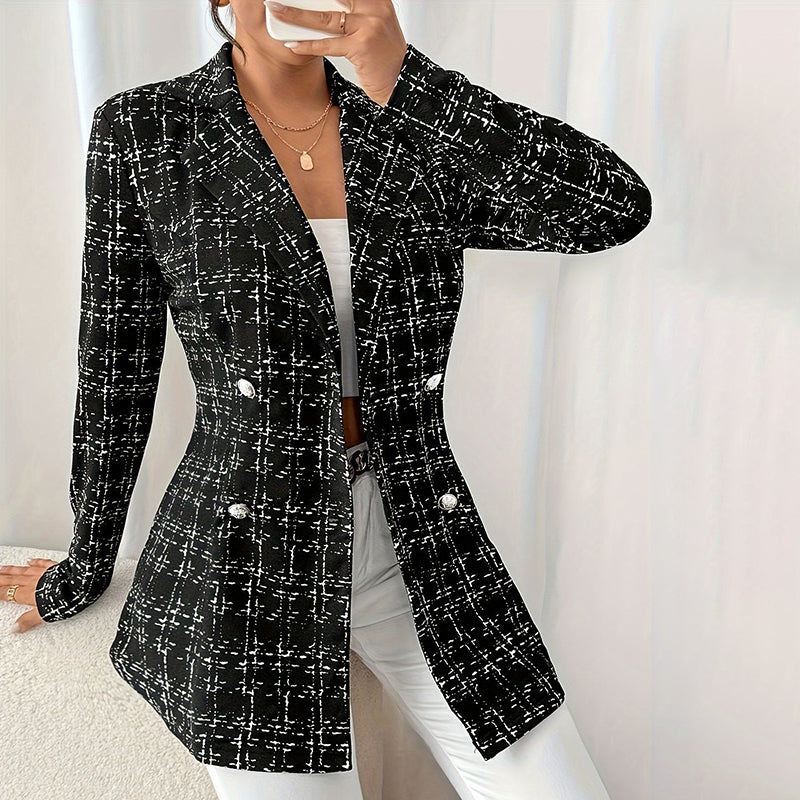 Women's Plaid Double-Breasted Tweed Blazer Tailored Jacket