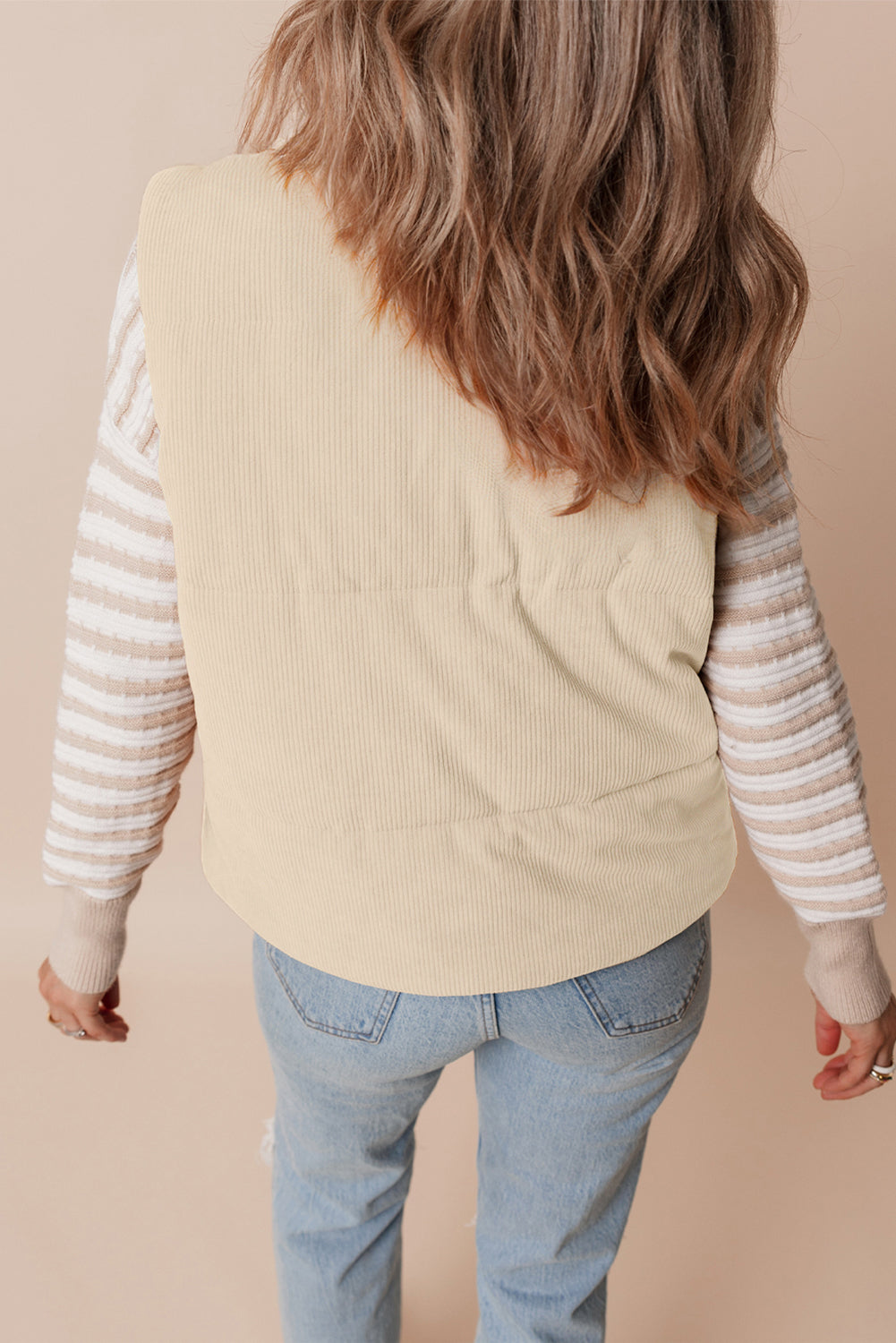 Women's Corduroy Stand Neck Zipped Puffer Vest Cropped Outerwear