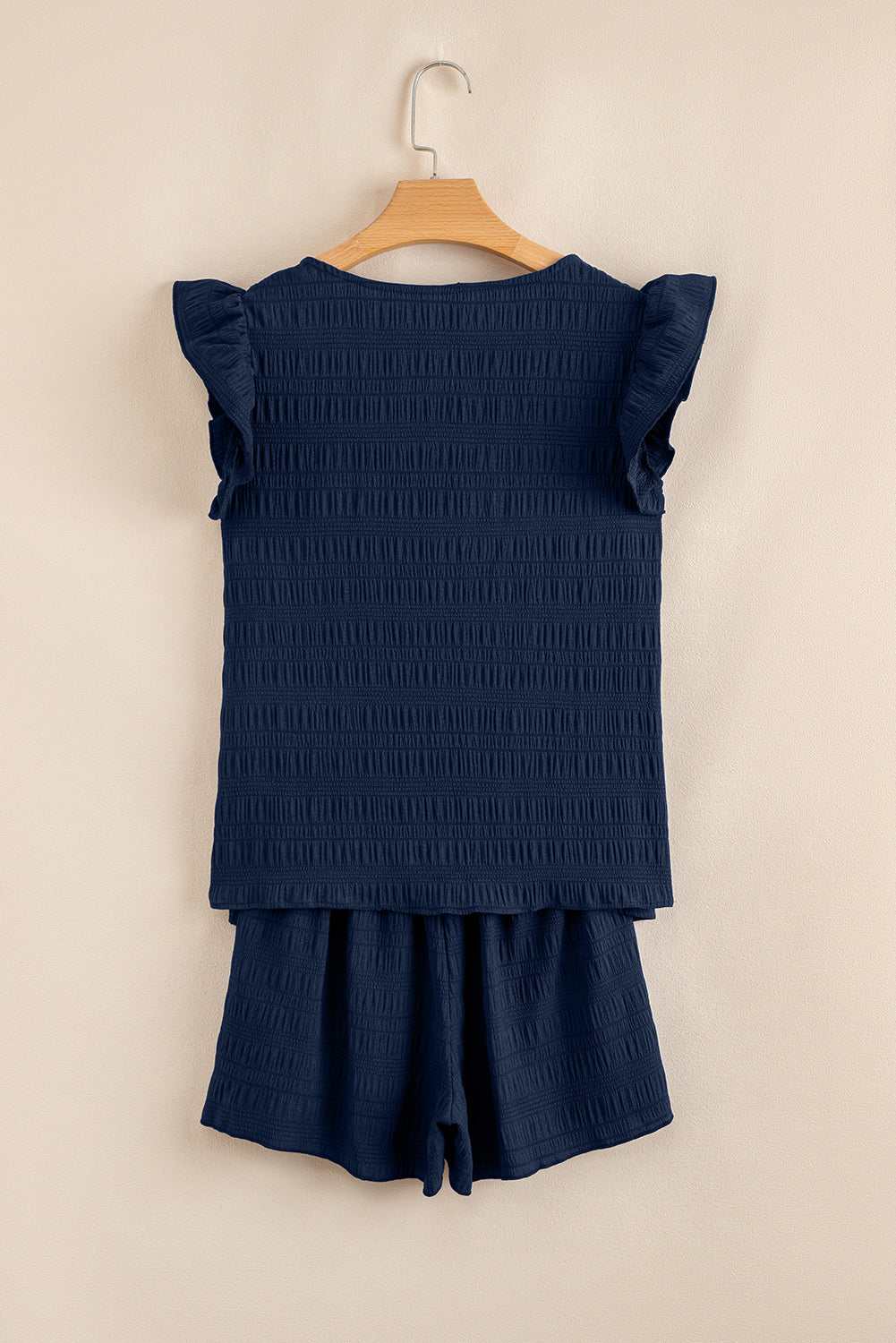 Navy Textured Square Neck Top and High Waist Shorts Set - Image 3