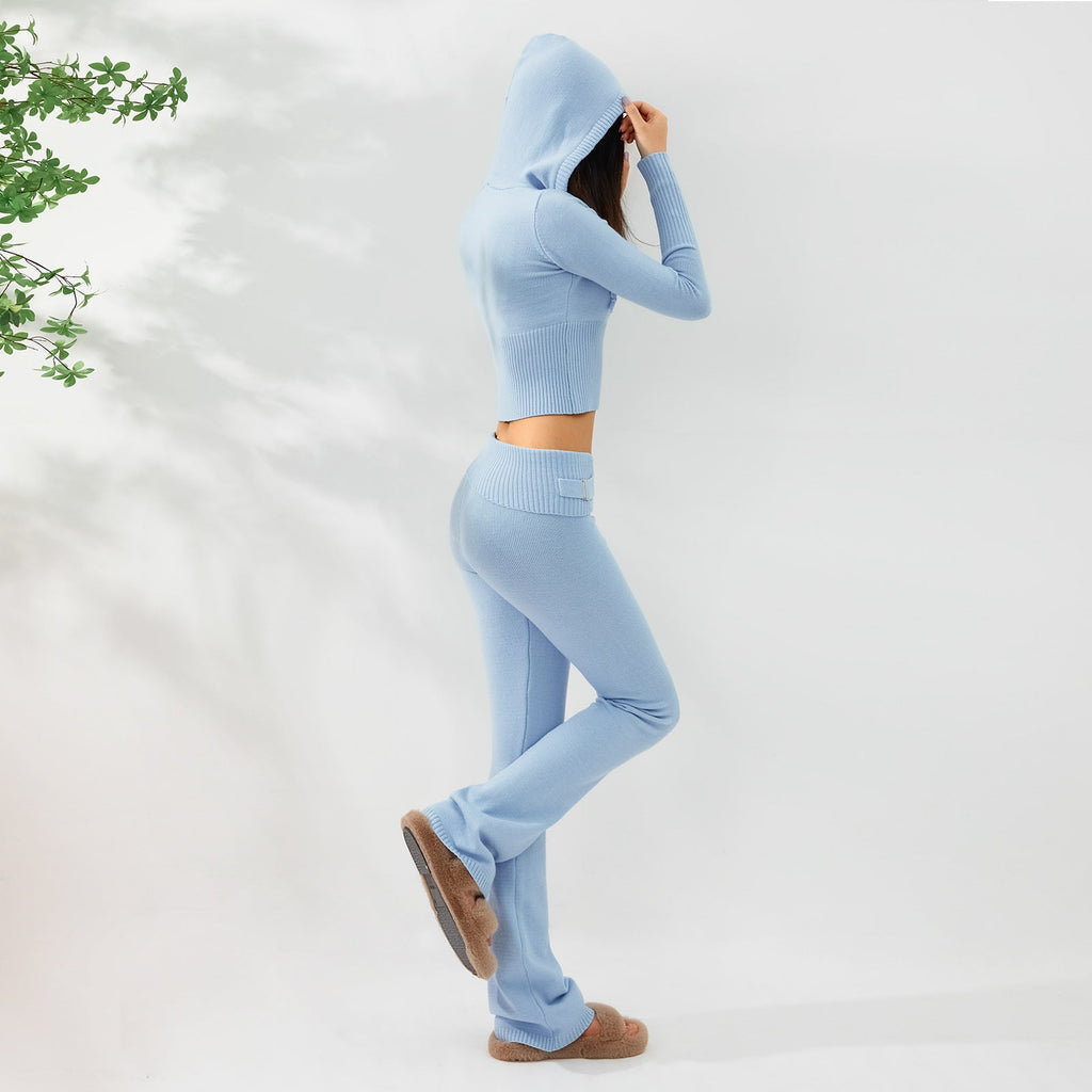 Women's Cozy Knitted 2-Piece Set - Cardigan & High-Waisted Pants