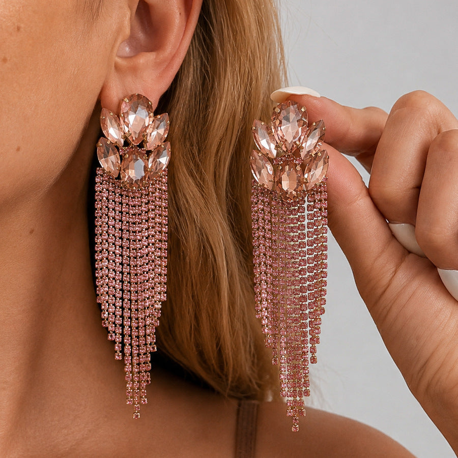 Womens Oval Rhinestone Inlaid Tassel Stud Earrings,Costume Earrings For Daily Banquet Party Wear