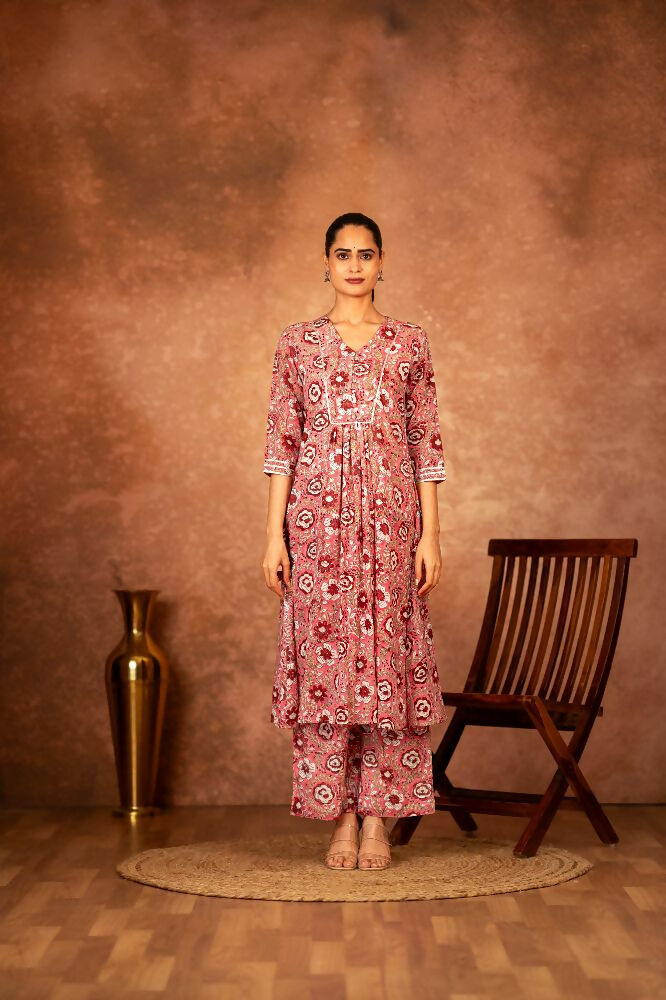 Pink Hand Block Printed Cotton Suit Set for Women