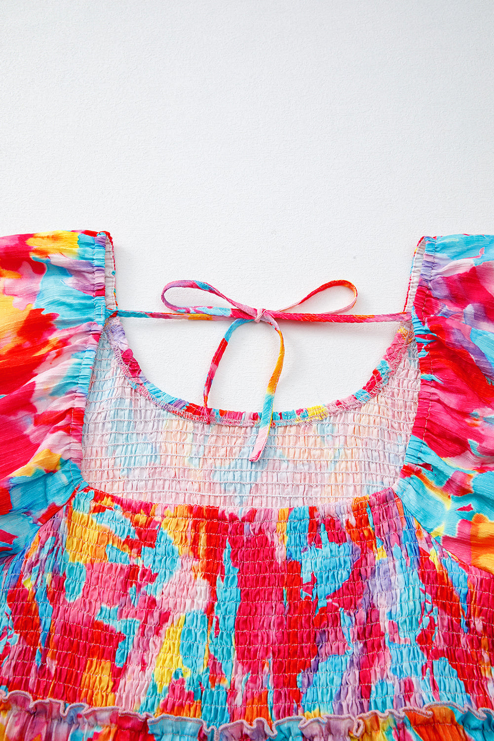 Rose Abstract Printed Puff Sleeve Square Neck Smocked Dress