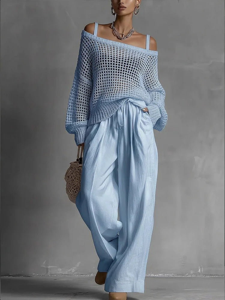 Women's Hollow-Out Knit Top and Wide-Leg Linen Pants Two-Piece Set - Image 8