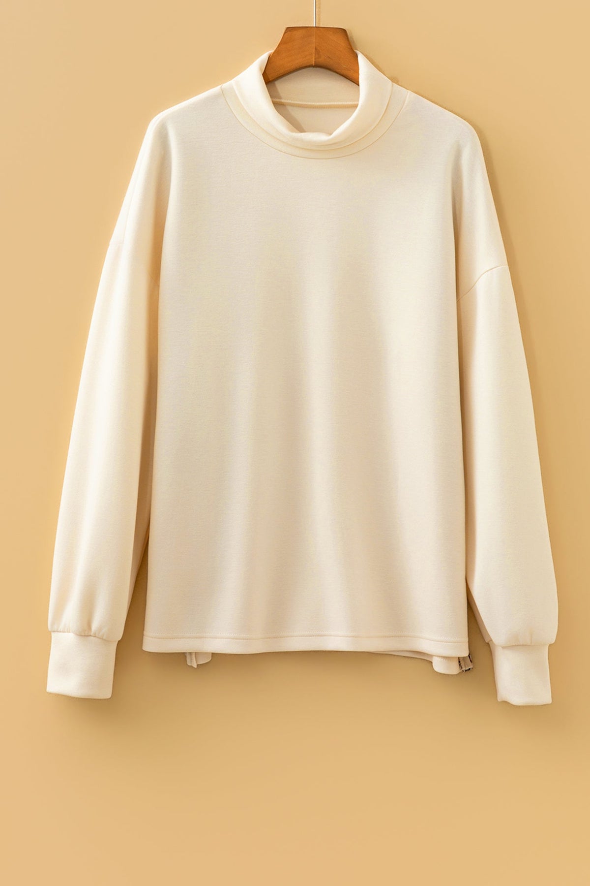 Leopard Trim Split Hem Mock Neck Long Sleeve Top