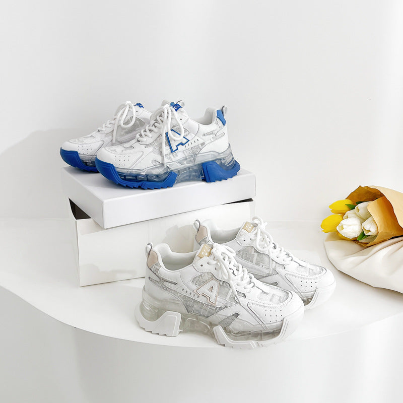 White & Blue Chunky Platform Sneakers for Women - Breathable Leather - Image 5