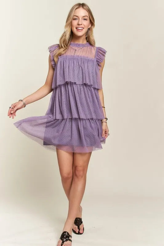 Layered Ruffled Cap Sleeve Mesh Dress for Elegant Events