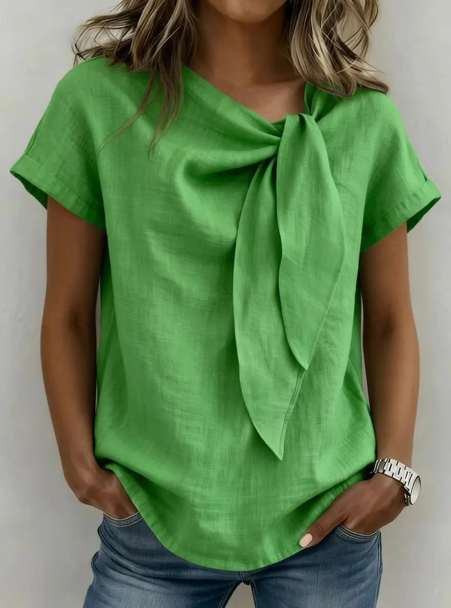 Women's Short Sleeve Tie Neck Blouse in Yellow and Beige