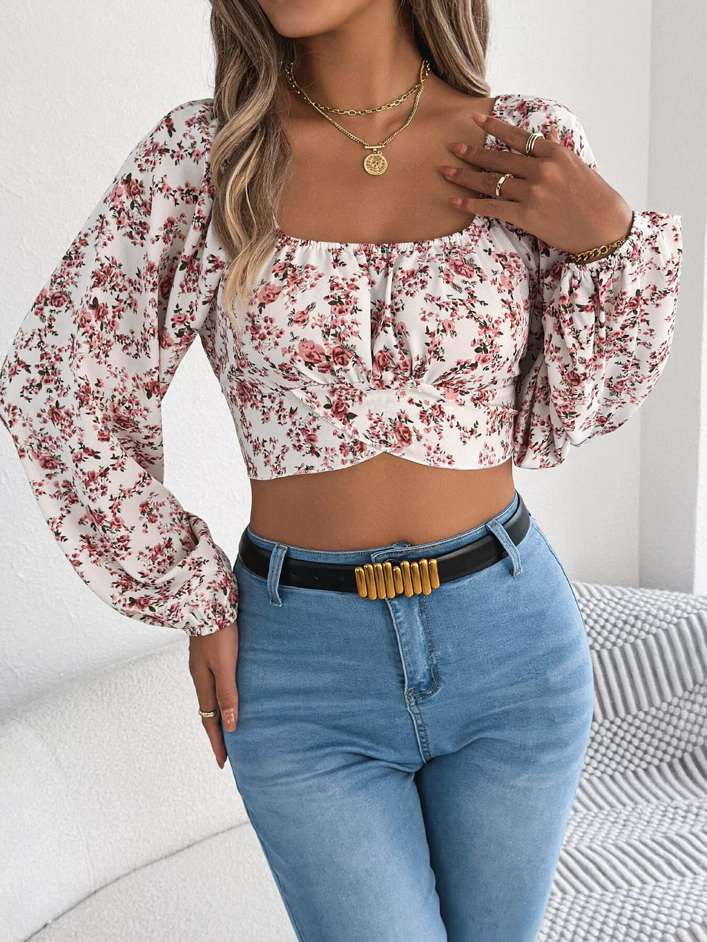 Floral Balloon Sleeve Square Neck Crop Blouse