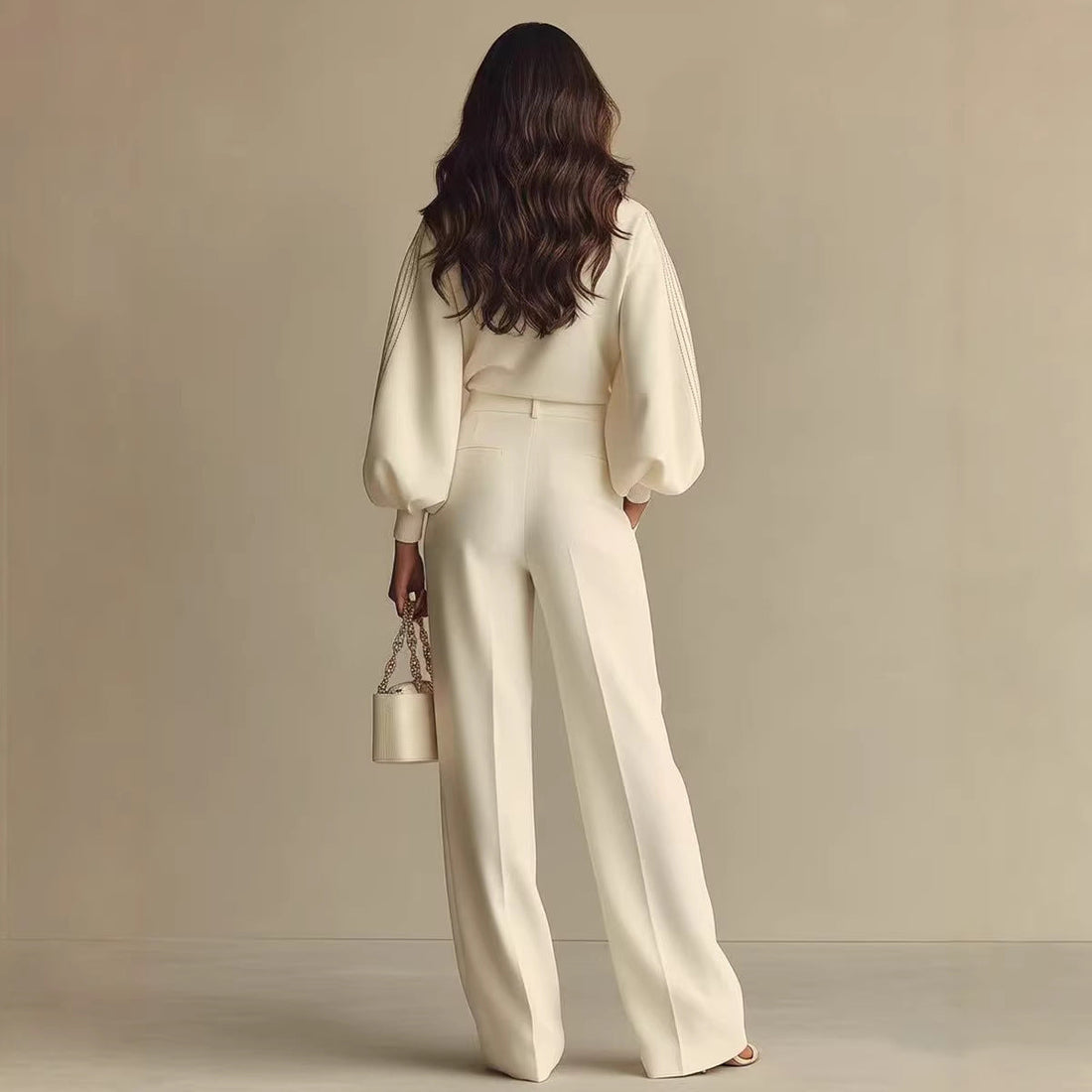 Women’s Round Neck Cream Sweatshirt and Matching Pants Set - Image 4