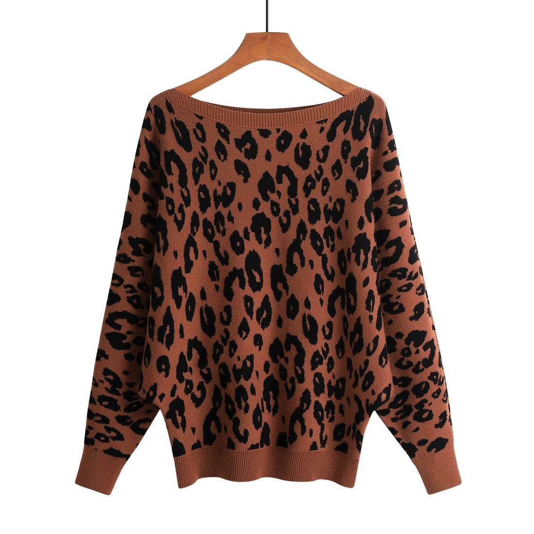 Women's Leopard Print Slash-Neck Bat Sleeve Knit Sweater - Image 9