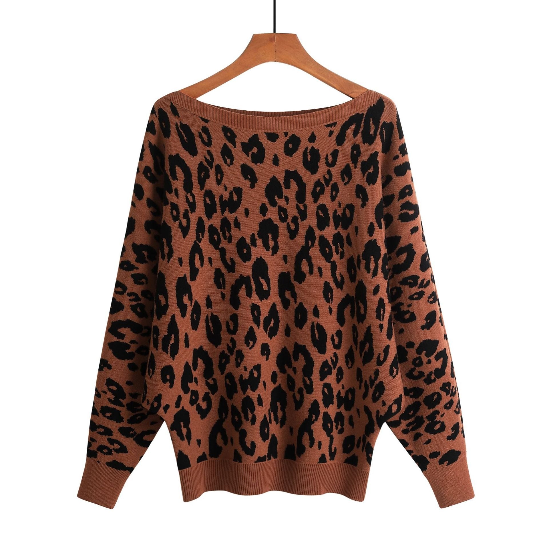 Women's Leopard Print Slash-Neck Bat Sleeve Knit Sweater - Image 9