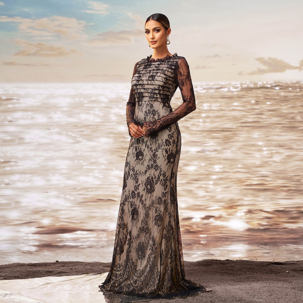 Black Long Sleeve Gauze Fishtail Evening Dress with Sequin Detail