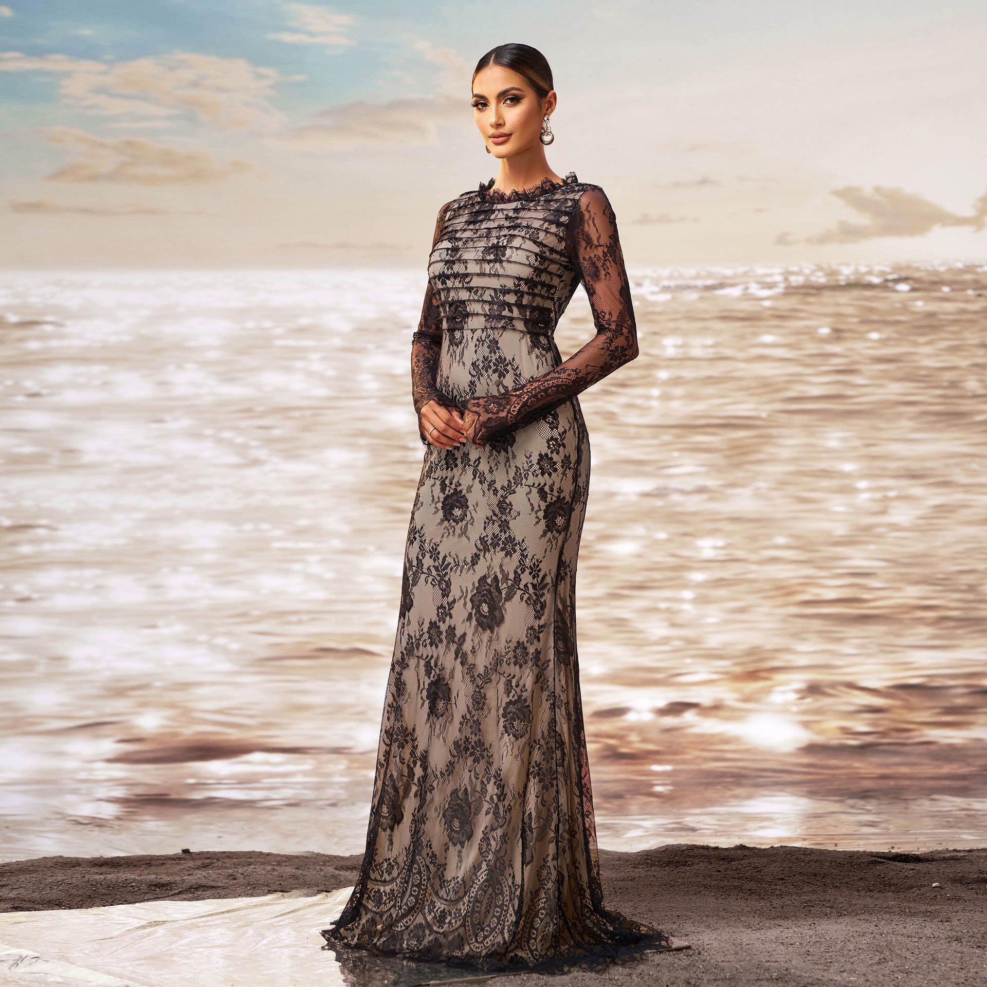 Black Long Sleeve Gauze Fishtail Evening Dress with Sequin Detail