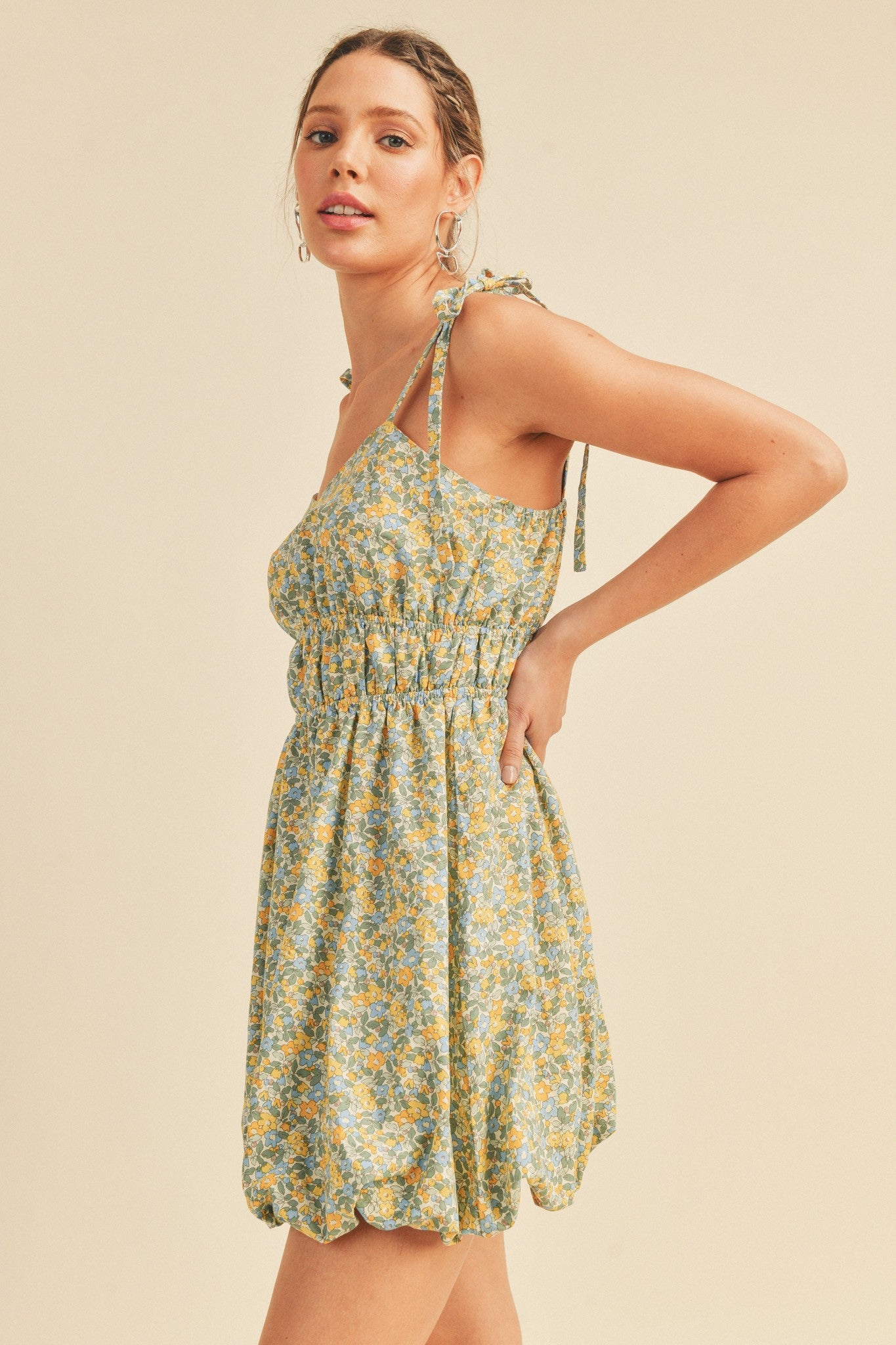 Dusty Blue Floral Bubble Hem Mini Dress