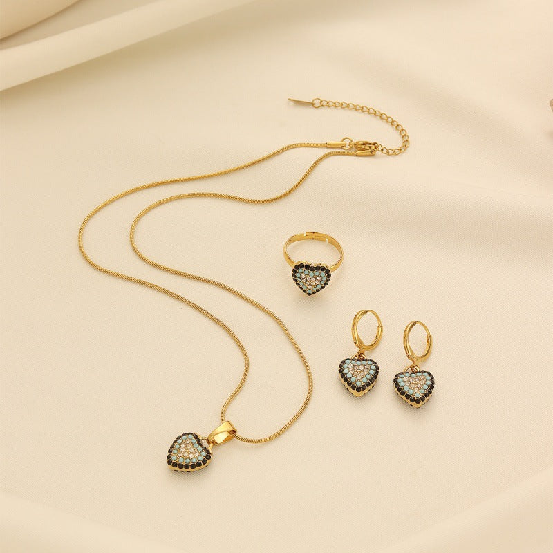 Crystal Heart Evil Eye Jewelry Set in Gold-Tone