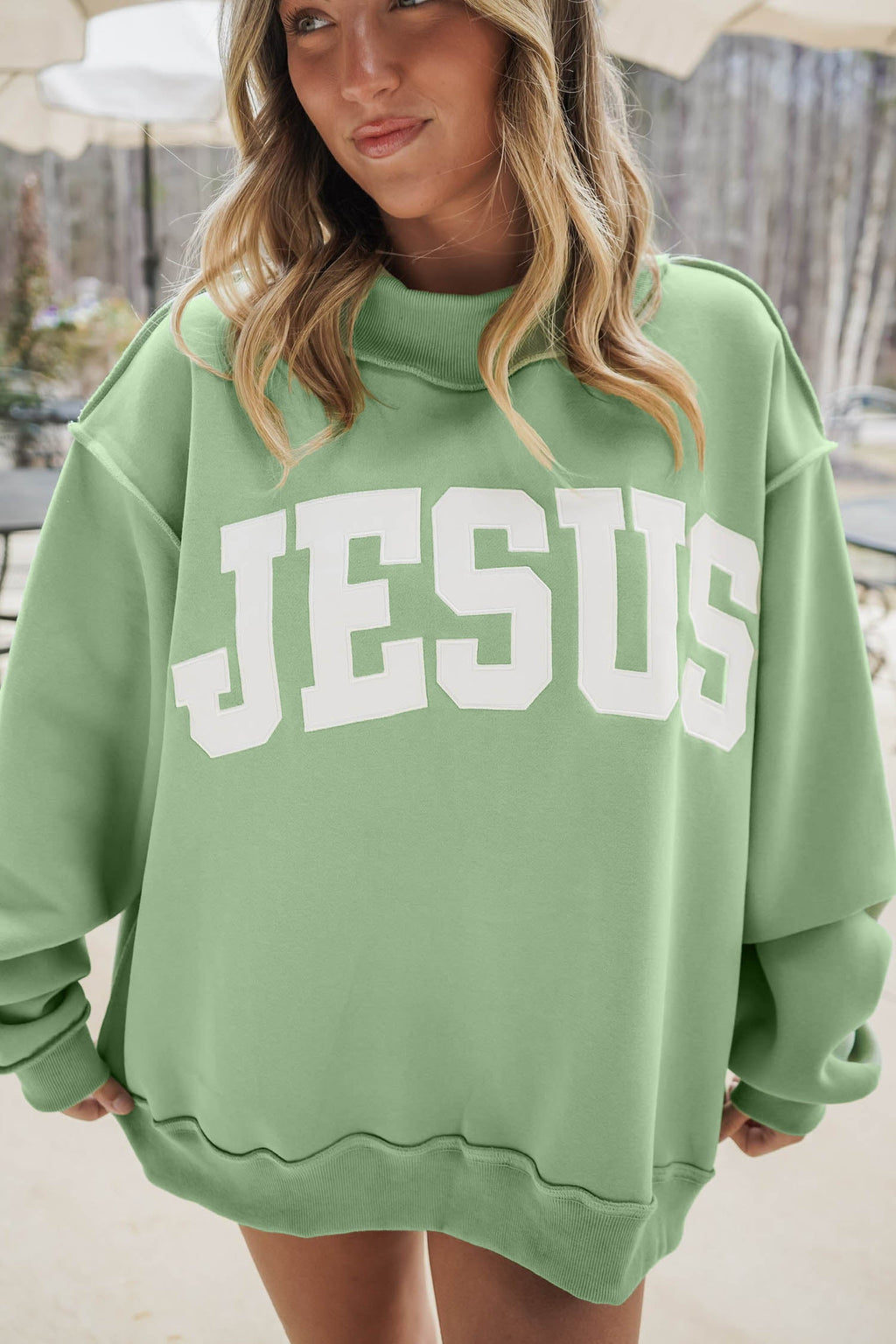 Orchid Bouquet JESUS Letter Print Exposed Seam Mock Neck Baggy Sweatshirt