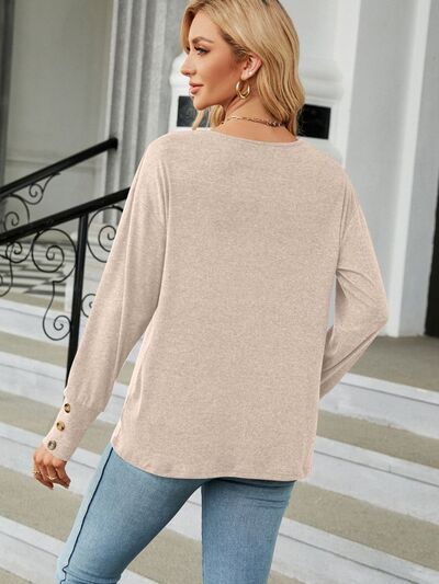 Women's V-Neck Long Sleeve T-Shirt with Button Cuff Detail - Image 9