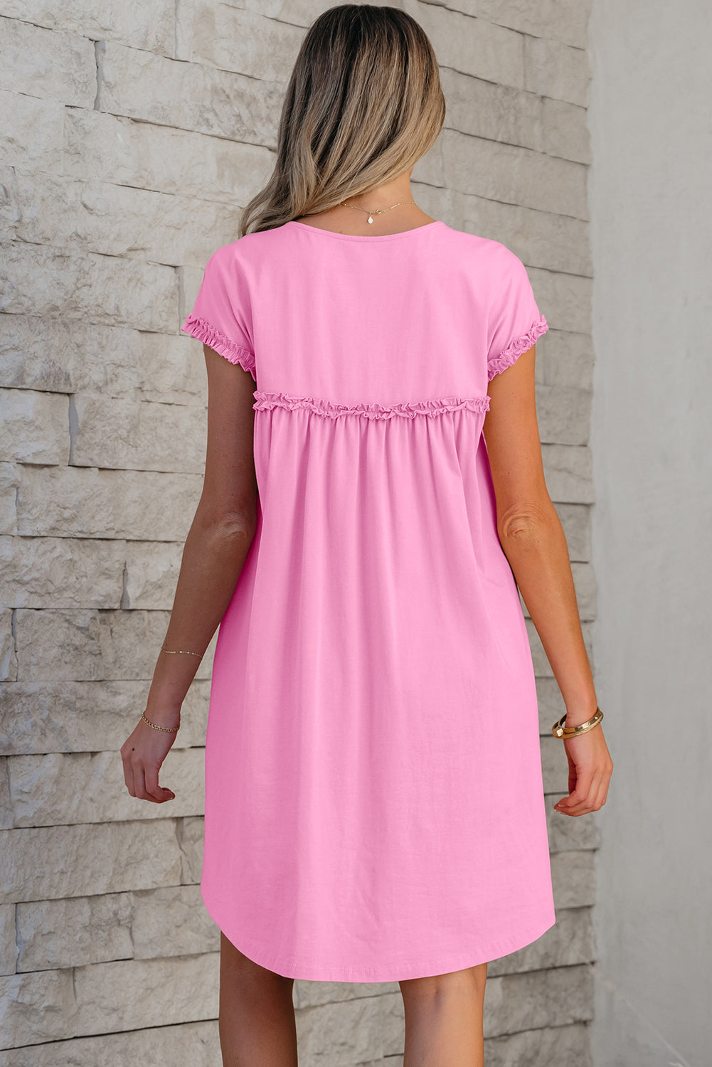 Women's Loose Fit Mini Dress with Frilled Trim - Casual Cotton