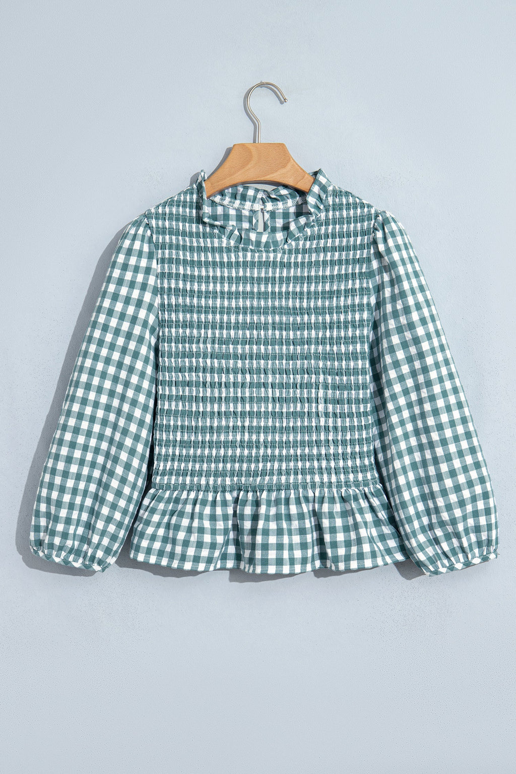 Gingham Shirred Long Sleeve Peplum Top