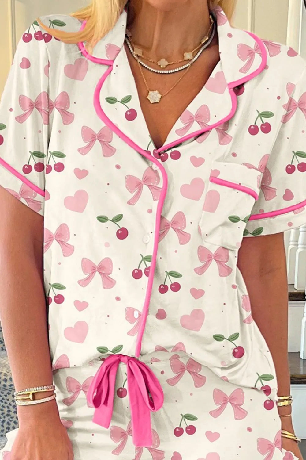 Printed Button Up Short Sleeve Top and Shorts Lounge Set
