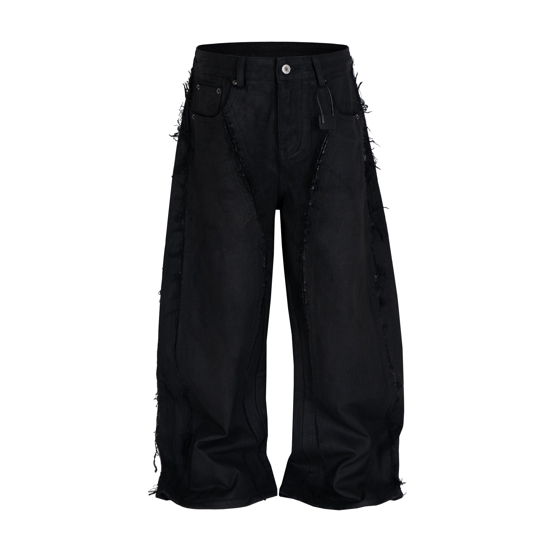 Front view of black waxed baggy jeans with distressed side panels on white background
