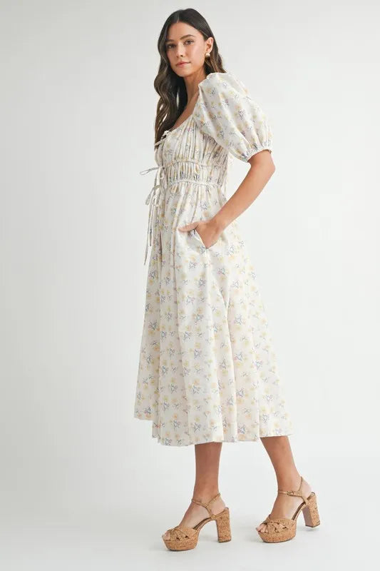 Floral Drawstring Puff Sleeve Midi Dress in White, Yellow, Blue
