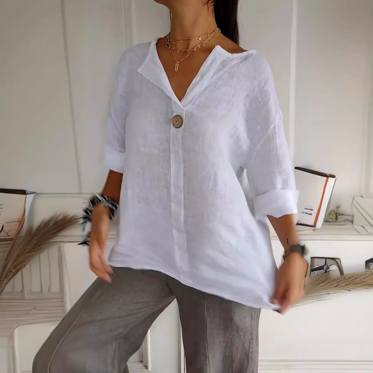 Women's V-Neck Long-Sleeve Linen Button Top – Loose Casual Blouse