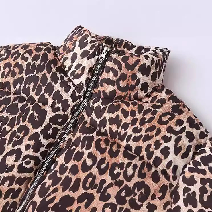 Women's Leopard Print Puffer Jacket with Stand-Up Collar - Image 3