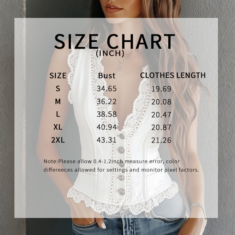 Women's White Lace Trim Button-Down Crop Tank Vest - Image 2